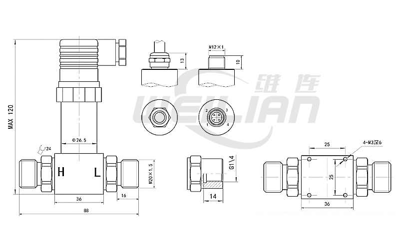 紧凑型差压变送器PM-P202C 尺寸图 维连压力传感器